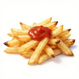 french fries pile, burnt with ketschup condiment