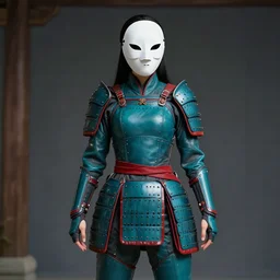 female adventurer in tight full - body teal leather armor of japanese design with red accents and a white porcelain crow mask, trending in artstation, japanese, by simon stalenhag, establishing shot