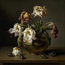dutch golden age still life, withered flowers, isopods crawling, otto marseus van schrieck still life, dutch golden age painting, dramatic lighting, cinematic lighting, willem van aelst still life, elias van den broeck painting still life, christiaen striep still life, rachel ruysch flowers, oil on canvas, highly detailed, vanitas baroque painting