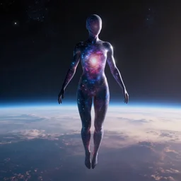 faceless human-like being that has a galaxy look flying through space with a light in the horizon, realistic, 8k, trending on artstation, artstationHD, award winning