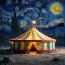 circus tent on the surface of the moon, circus, magical, warm light by van gogh