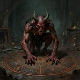 A demon claws at a summoning circle, matte painting, 1700s, indoors, wizard