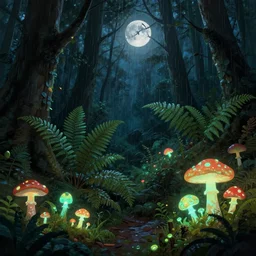 dark primitive forest covered with fluorescent mushrooms and ferns, showered by moonlight, natural lighting, playful color scheme, intricate details, matte painting, illustration
