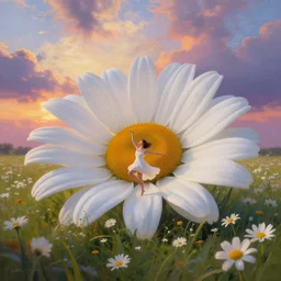 giant white daisy flower head, girl dancing in a flower field, surreal photography, sunrise, dramatic light, impressionist painting, colorful clouds, digital painting, artstation, simon stalenhag