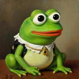 fancy pepe the frog, historical portrait painting, oil painting, highly detailed and intricate