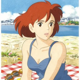 portrait of a woman having a picnic on a sunny beach, redhead, ponytail, swimsuit, finely illustrated face, highly detailed, colored pencil, studio ghibli, tankobon, in the style of ilya kuvshinov and krenz cushart and william - adolphe bouguereau and alphonse mucha