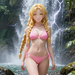 a very beautiful anime jayne mansfield under a tropical waterfall, full body, long braided curly blonde hair, twisted braids, golden watery eyes, full round face, short smile, pale pink bikini, cinematic lightning, medium shot, mid - shot, highly detailed, trending on artstation, cryengine, raytracing, 4 k, cinematic wallpaper by basil gogos, gil elvgren, robert maguire, rudolf belarski, samson pollen, marc simonetti, and sakimichan