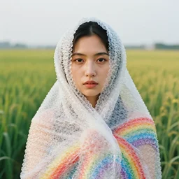 a closeup portrait of a woman wrapped in bubble wrap and rainbows, standing in front of a vast fertile landscape, color photograph, by vincent desiderio, canon eos c 3 0 0, ƒ 1. 8, 3 5 mm, 8 k, medium - format print