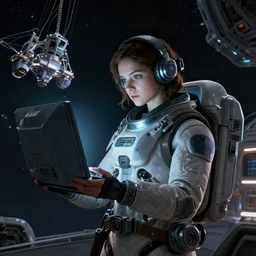 girl in the sci - fi heavy suite with monitor in hands, deep space, landing gear, by fausto de martini, cinematic light, illustratuon, featured on artstation, octane render,, sharp focus, 4 k. - w 1 0 2 4