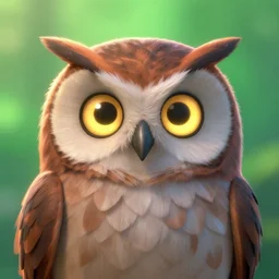 wise owl with glowing disney eyes, realistic high detailed scales octane render, portrait, face symmetry, centered, anime style, disney character style green enlightened background