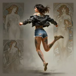 tattooed attractive girl zazie skymm wearing a jacket and ripped shorts running and jumping, character sheet, contrast, deep focus, turnaround, highly detailed, dramatic lighting, rear view, ultra wide angle, digital painting, artstation, concept art, matte, sharp focus, illustration, elegant, art by artgerm and greg rutkowski and alphonse mucha. w - 1 0 2 4