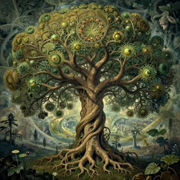 divine chaos engine by roger dean and andrew ferez, tree of life, symbolist, visionary, art forms of nature by ernst haeckel, art nouveau botanical fractal structures, surreality, detailed, realistic,