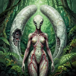 naraka buddhist demon korean female, happy female alien, lush green jungle, tubular creature, blood vessels, no face, dystopian surrealism, alex ries zdzisław beksinski, symmetrical long head, smooth marble surfaces, smooth marble surfaces, detailed ink illustration, detailed ink illustration, raiden metal gear, cinematic smooth stone, deep aesthetic