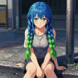 concept art, cute anime girl sitting on street, braids blue and green, singular, junichi higashi, isamu imakake, intricate, balance, full far frontal portrait, volumetric lighting, cinematic lighting, masterpiece, art by wlop and artgerm, extreme detail, detailed drawing, hyper detailed face