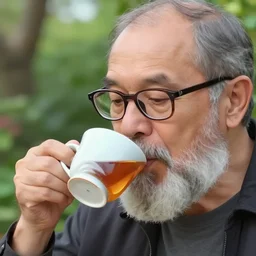 mr robert is drinking fresh tea in a garden from spiral mug, detailed face, wearing glasses, grey beard, 4 k
