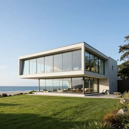 a beautiful modern house made out of glass near a beach, stunning landscape by alvar aalto