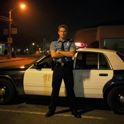 Bladerunner 2049 still police officer standing next to white patrol car midnight crossed arms dark night orange street lamps. Bladerunner 2049 (2017) film. style of Roger Deakins Jeremy Saulnier Newton Thomas Sigel Robert Elswit Greig Fraser trending rtx on ue5. 35mm Kodak Vision 2383 gritty atmospheric