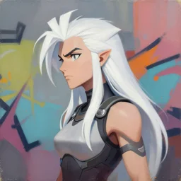 greg manchess portrait painting of a 2 yorha type a no. 2 as overwatch character, white long hair, medium shot, asymmetrical, profile picture, organic painting, sunny day, matte painting, bold shapes, hard edges, street art, trending on artstation, by huang guangjian and gil elvgren and sachin teng