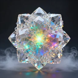 a figurative 3 d sculpture by dom qwek, made of translucent iridescent glasslike transparent colorless crystal, glowing from inside with full spectrum of colors. tiltshift dslr crystal macro photography. diamond. 8 k 3 d. mandelbulb 3 d feeded to zbrush than rendered with octane. unreal engine final render. covered with smoke.