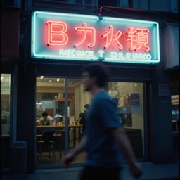portra 800 street photography, the subject is blurry because it's in motion, film portra photography neon signs