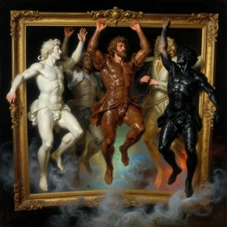 a baroque neoclassicist close - up painting of white, brown, and black people jumping out of picture frames. reflective detailed textures. glowing colorful fog, black background. highly detailed fantasy science fiction painting by moebius, norman rockwell, frank frazetta, and syd mead. rich colors, high contrast. artstation