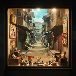 a film still from Tekkonkinkreet by Ian McQue , inside vintage collectables store, shop window shows a narrow market alley of dusty favela city street outsdie, intimate, vibrant, 50mm lens, video game character and environment design, 2d game lineart behance hd, studio, dramatic lighting, cinematic, global illumination, trending on Artstation, bloom
