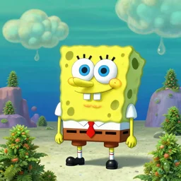 spongebob squarepants in an abstract world with weed clouds, digital art, amazing detail, by Lulu Chen