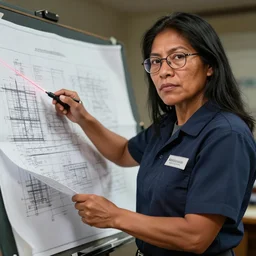 epic portrait of slightly muscular indigenous visionary woman wearing short sleeved instructor uniform pointing laser pointer on construction drawing, blueprint, glasses, detailed, artstation, concept art, donato giancola, joseph christian leyendecker, wlop, boris vallejo, breathtaking, 8 k resolution, extremely detailed beautiful, establishing shot, artistic hyperrealistic, beautiful face, enhanced hands, octane render