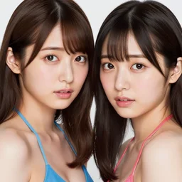 Worksafe.2000s,8K HD incredible professional studio photo very close-up face of two young beautiful gorgeous cute Japanese actress supermodel J-Pop idol girls posing,wearing bikini bra.At Behance and Instagram,taken with polaroid kodak portra.Photoshop,Adobe Lightroom,After Effects