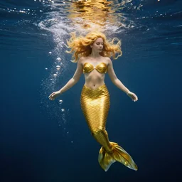 golden coated mermaid underwater art photograph bubbles and light refractions