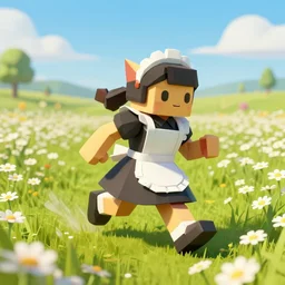 ( ( low poly ) ) ( playstation ) running ( ( anthropomorphic ) ) ( ( lurantis ) ) ( maid ) wearing a hat ( standing ) in a ( field of daisies ), mount coronet in the distance digital illustration by ruan jia on artstation