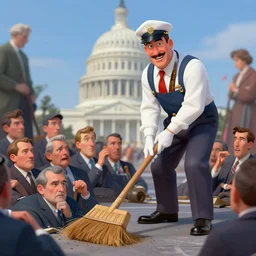 political cartoon janitor sweeping congressmen into a pile ultra detailed hyper realistic deep focus smooth artstation wlop intricate highly detailed award winning