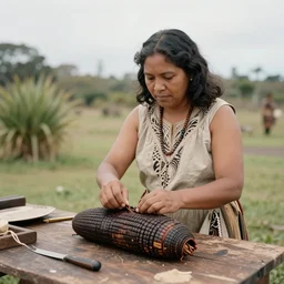a maori woman prepares weta carapaces outside her whare in the 1 9 4 0's.