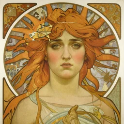 detailed portrait art nouveau painting of Ashley Liao as the goddess of the sun, with anxious, piercing eyes, by Alphonse Mucha, Michael Whelan, William Adolphe Bouguereau, John Williams Waterhouse, and Donato Giancola