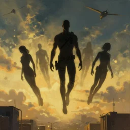 cyberpunk, human silouettes flying in the sky likes superheroes, atmospheric lighting, painted, intricate, golden hour, ultra detailed by peter gric, giger, enki bilal