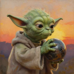 a melancholy detail oil painting of Yoda pondering his Orb in the sunset one last time, by WLOP and Todd Lockwood, Greg Rutkowski