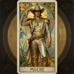 a dramatic ethereal epic symmetrical painting of a handsome cowboy in a silvery (gold) outfit | tarot card, art deco, art nouveau,  (steampunk), homoerotic, realistic | by Dresden Codak, by Mark Maggiori and ((((Alphonse Mucha))) | trending on artstation