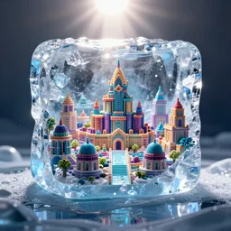 A lost city and frozen inside an ice cube with light hitting it from above and melting from the sun's rays very colorful very detailed very sharp