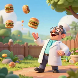 a mad scientist in his back yard laughing happily at the hamburgers which are falling from the sky , concept art, trending on artstation 3D.