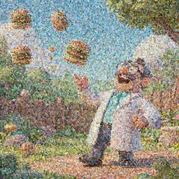 a mad scientist in his back yard laughing happily at the hamburgers which are falling from the sky , concept art, trending on artstation 3D.