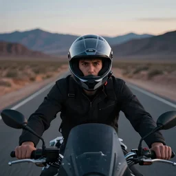 young man on a desert road on a motorcycle, wearing a modular helmet of hypermodern design, driving toward camera, mountains in background, dusk, close - up view of helmet, worms - eye - view, cinematic view, dramatic lighting, masterpiece by louis klemantaski and james moy