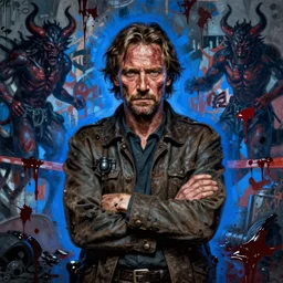 daniel day lewis from there will be blood in constantine ( 2 0 0 5 ) with his arms crossed. world weary, horror, gloomy. grime, dirt, motor oil, coal. flat blocky colours. bloody graffiti cover walls. blue glow. oil painting, highly detailed, centered, digital painting, artstation, concept art, smooth, sharp focus, illustration, artgerm, tim bradstreet, tomasz alen kopera, peter mohrbacher, donato giancola, joseph christian leyendecker, zdzisław beksinski, drew struzan, hell demons