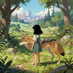a single coyote warns a single innocent black haired girl of quantum apocalyse. intricate, 8 k detail, animation cinematic, anime, matte sharp painting, pastoral backyard setting, city view in the distance, ultrafine hyperdetailed illustration, hyperrealism art glamorous sci - fi poster, whimsical botanical illustration