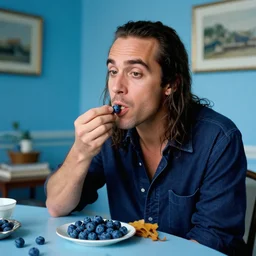 the musician moby melville eating blueberries in a blue room,