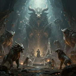chaotoc underworld filled with mythical beasts, concept art, volumetric lighting, cinematic