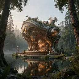 architecture by jeanne gang, at dawn extraterrestial steampunk nature scumm bar matte painting forest landscape lake, archdaily, wallpaper, highly detailed, trending on artstation.