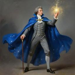 a mage casting a spell with a blue cape, stars, sincere, modern maximalist suit, is ( ( holding a cane ) ). light dust, magnificent, hyperdetailed, theatrical, painted by jean honore fragonard and greg rutkowski
