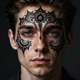 dramatic matte portrait painting of man with black mandelbrot fractal instead of face