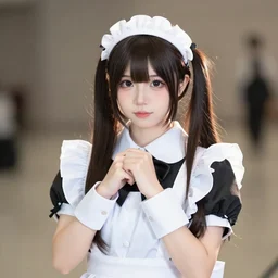a high definition photo of a young cosplayer with twin tails, wearing maid dress