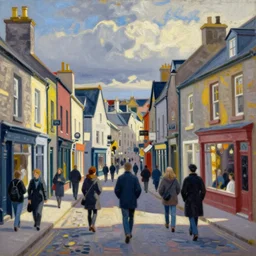a painting of street life in kirkwall, orkney, people,houses, by Giorgio de Chirico